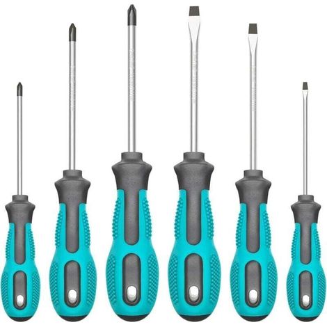 Ce jeu de tournevis magnétiques comprend 3 tournevis cruciformes, 3 tournevis plats et un tournevis à douille professionnel avec une poignée antidérapante et rembourrée.