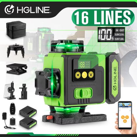 Niveau laser 4D à 16 lignes, télécommande APP, rechargeable, autonivellement de ligne verte à 360°, batterie lithium-ion de 6000 mAh (2 batteries).