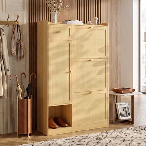 Creahappy Meuble à Chaussures en Cannage 80,5x25x125 cm - Gain de Place avec 3 Abattants, 1 Tiroir et 1 Porte - Chêne Clair Bohème (1/5)