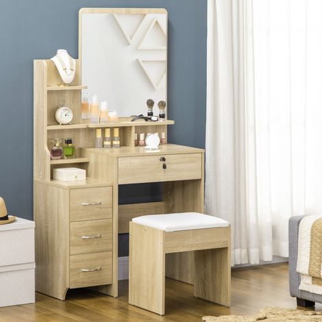 HOMCOM Schminktisch mit Hocker, Spiegel, 4 Schubladen, 4 Fächern, modernem Stil, 80 x 38 x 143 cm, Natur