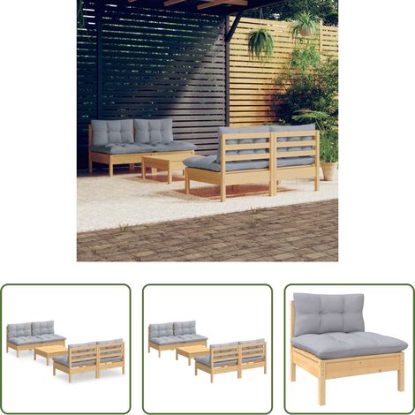 Canapé extérieur -  Salon de jardin 5 pcs avec coussins gris bois de pin (1/5)