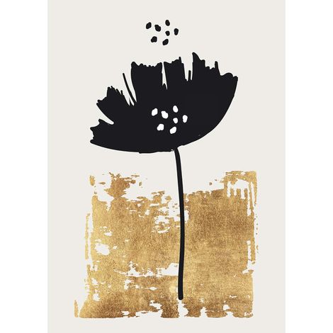 Tableau fleur coquelicot noir | Tableau noir & doré pour déco salon | Tableau sur toile fleuri moderne pour chambre adulte 0,5 x 0,7 m (1/2)