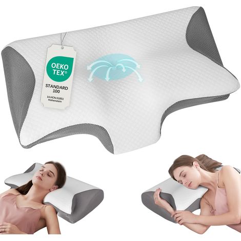 Oreiller Ergonomique Cervical Memoire Forme Taie d'oreiller Lavable 2 Hauteurs pour Dormeurs sur Le Côté Le Dos et Le Ventre Gris (1/5)