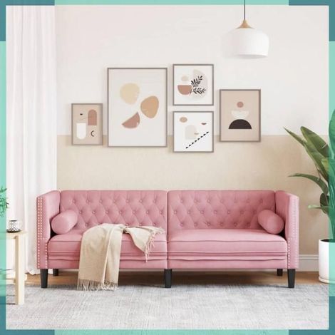 Canapé Chesterfield - 372696 - 3 places - velours rose - 194 x 74,5 x 70,5 cm (1/5)
