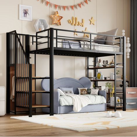 Lit enfant mezzanine 90 x 200 cm en métal noir avec escalier, rangement et armoire (1/5)