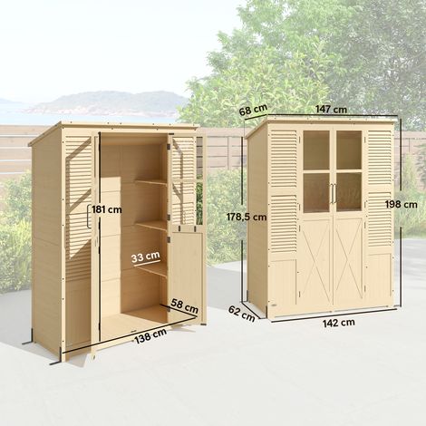 Gartenschrank Holz Begehbarer Geräteschuppen mit Ablage Acrylfenstern Doppeltür Asphalt-Dach Lamellenlüftung Bodenplatte (1/5)