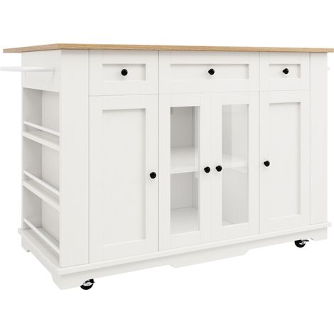 Isola da cucina bianca e naturale con piano effetto legno, vetro temperato e vani contenitivi (1/5)