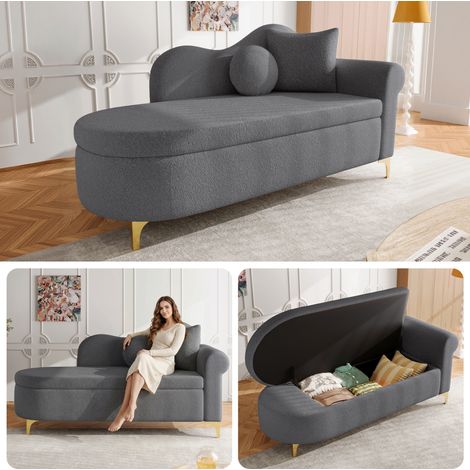 Multifunktionale Chaiselongue mit Stauraum, 134 cm, modernes Design, wellenförmige Rückenlehne, Teddyplüsch-Stoff, hochdichter Sitzkissen, inkl. Lendenkissen + Nackenkissen