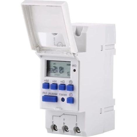 Programmierbarer elektronischer Timer mit 16 Ein-/Ausschalteinstellungen – AC/DC 12/24 V – Stromstärke 15 A – Leistung 3000 W – DIN-Schienenmontage – DC 24 V (1/2)