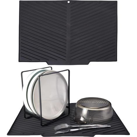 Tapis de séchage en silicone avec rebord d'évacuation intégré, 42,5 x 31,5 cm. Tapis d'évacuation en forme de V avec revêtement antidérapant, sans BPA et facile à nettoyer. Noir. (1/5)