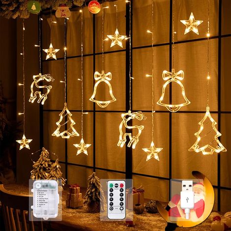 Weihnachtsvorhanglichter, 3,5 m lange Lichterkette mit Elchglocken, 8 Modi, USB-Lichterkette und Fernbedienung für Schlafzimmerfenster, Hochzeit, Weihnachtsdekorationen