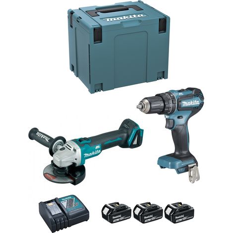 Makita – Pack de 2 outils électroportatifs 18V – Perceuse à percussion DHP485 avec moteur Brushless – Mini-meuleuse DGA504 avec contrôle automatique de vitesse