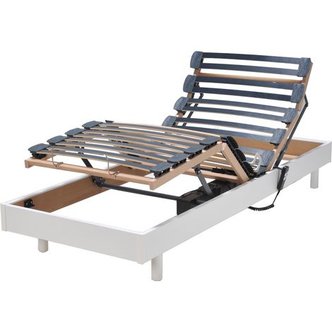 Sommier relaxation électrique 80x200 cm – Structure MDF blanc – 28 lattes multiplis – Moteurs 4500N – Réglages indépendants tête et pieds – Weber Industries