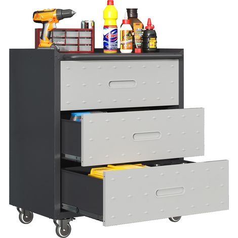 Armario metálico - Gabinete de herramientas metálico con ruedas 75x42x88 cm – 3 cajones XXL, ruedas giratorias con bloqueo de 360°, tirador de tubo metálico, negro/gris (1/5)