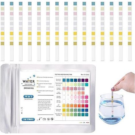 50Pcs 9 En 1 Test Eau Potable, Bandelettes pH Eau Piscine Spa, Bandelette Testeur Dureté L'eau Aquarium, Pool Teststreifen Analyse (1/4)