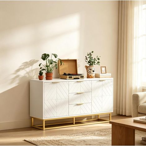 Credenza moderna 120 x 40 x 76 cm con 3 cassetti e 2 ante, bianco e oro HAVRYA (1/5)