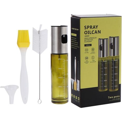 Filiyano-Lot de 2 flacons pulvérisateurs pour vinaigrette, 100 ml, avec 2 pinceaux et 1 entonnoir, flacon en verre vert, embout en acier inoxydable