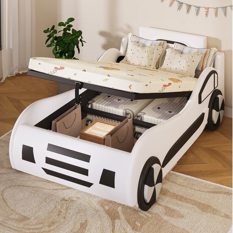 Letto singolo per bambini a forma di auto 90x200 cm bianco in MDF e PU -CHICFURN (1/5)