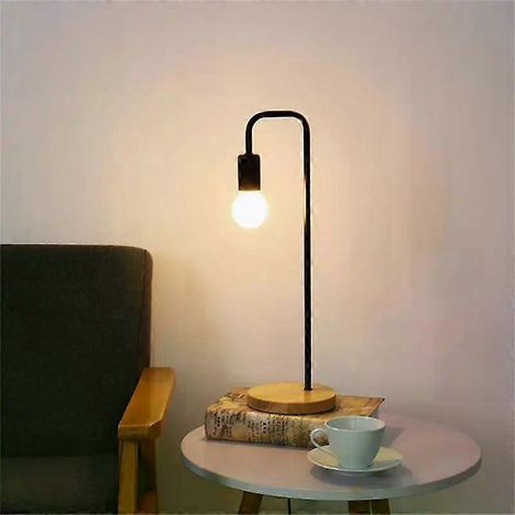 HONORNIC - Lampe de table nordique noire et blanche style loft vintage, lampe de bureau en bois avec ampoule E27 et structure en métal et fer, 5 W, 3 couleurs d'éclairage (1/5)