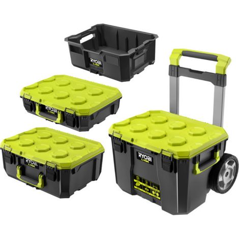 Ryobi – Pack de 3 boîtes à outils sur roulettes – Capacité 90,7 kg – Indice IP65 pour protection contre l'eau et la poussière – Rangement intelligent (1/5)