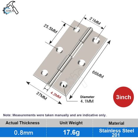 Charnière plate de qualité supérieure en acier inoxydable (3 pouces, lot de 10), antirouille, pour portes, placards, meubles et boîtes en bois. (1/5)