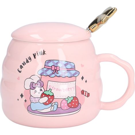 450-ml-Keramikbecher mit Deckel und Löffel – Erdbeermotiv – für Büro, Zuhause oder als Geschenk (1/5)