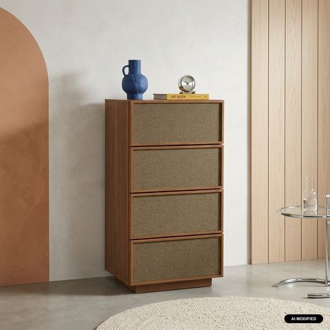 sweeek - Chiffonnier décor bois et tissu 4 tiroirs noyer - Kuba (1/5)