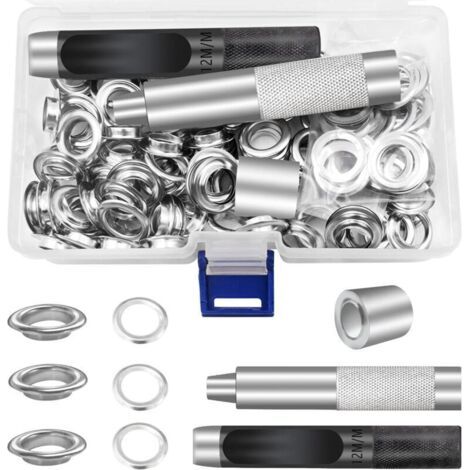 Oeillets pour Baches 12mm, Trousse à œillets Outils, Metal Ensembles Oeillets 100 Set Kit de Grommets Eyelets Kit pour Toile Bâche Tente de Réparation Argent(1/2 Pouce)