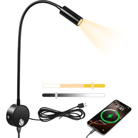 Lampe de lecture murale, LED Col de Cygne Lumière avec interrupteur tactile et port de chargement USB, Liseuse murale, lampe de lecture à intensité variable, Applique Liseuse Orientable à 360 ° (1/5)