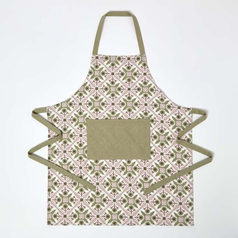 HOMESCAPES Green & Pink Retro 100% Cotton Apron (1/5)