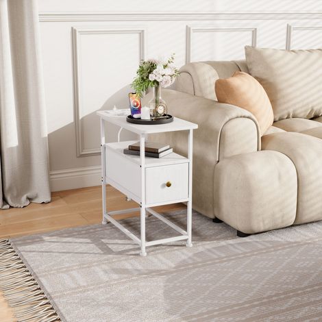 Table d'appoint blanche multifonctionnelle – Station de charge USB Type-C – Tiroir de rangement – Design étroit gain de place – Parfait salon et chambre