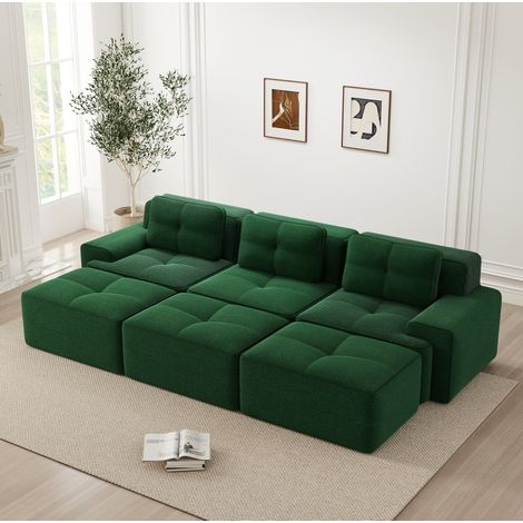 Sofá modular de esquina verde en pana con función cama y 3 pufs (1/5)