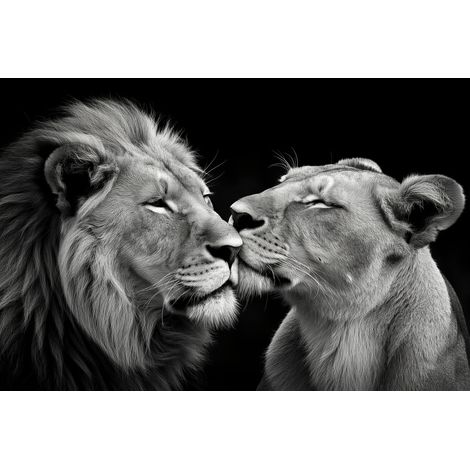 Tableau sur toile lion et lionne amoureux 30x45 cm - Impression sur Toile Murale Décorative - Image imprimée en HD sur Toile - Toile sur Châssis en Bois FSC - Fabriqué en France (1/5)