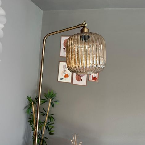 Lampadaire Solenya Verre, Moderne, Lampadaire pour Salon, Chambre à Coucher, Chambre d'enfant avec Douille E27, Largeur 37 cm, Abat-jour Réglable, Lampadaire avec Tablette et Variateur (1/5)