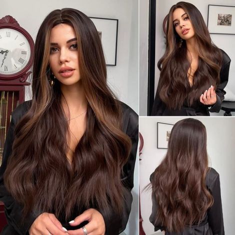 longue partie moyenne ondulée perruque de cheveux brun mixte perruques blondes ,fibre synthétique résistante à la chaleu (1/4)