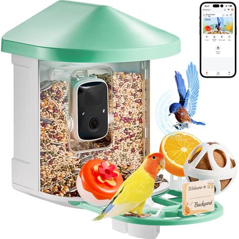 VEVOR Mangeoire Oiseaux avec Camera Intelligente 2K HD AI Camera Identifie 10000 Especes deOiseaux, 1 Panneau Solaire, Capture Auto, Notification Instantanee, pour Exterieur Amoureux des Oiseaux, Vert (1/5)