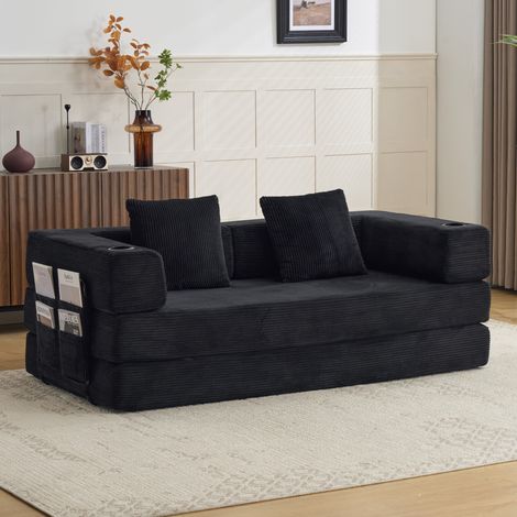 Dewalt –Floor Couch,Compression Sofa,Convertible Floor Sofa Bed-with Pillow Back Support Armrest,Comfy Sleeper Bed With Cupholder&Side Pocket,Corduroy Fabric,for Living Room Bedroom,Black (1/5)