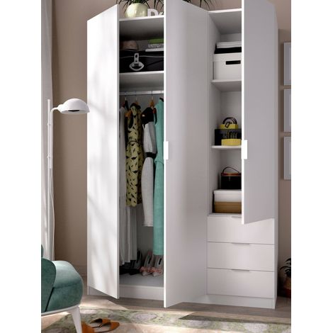 Dmora Guardarropa Warren, Armario dormitorio con 3 puertas y 3 cajones, Mueble con 3 baldas y barra perchero, cm 121x52h180, Blanco, con embalaje reforzado (1/5)