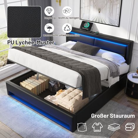 Lit à oreiller rembourré 140x190, USB (charge inductive et câble), luminaire LED intégré, rangement pratique, sans sommier ni matelas, simili cuir lychee noir (1/5)
