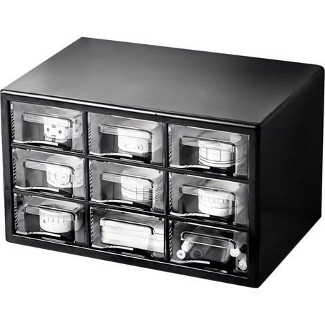 Armoire de rangement noire avec 9 tiroirs transparents (25x16x15cm) - Organisateur compact pour fournitures de bureau, bijoux et loisirs (1/3)