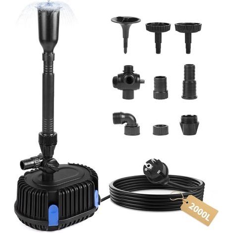 Pompe pour Fontaine Extérieure Jardin 2000L/H 2 M, Pompe de bassin 35W avec Câble 10 M, Pompe à Filtre Submersible, Pompe à eau pour Koï, Étang, Ruisseau, Débit Réglable (1/5)