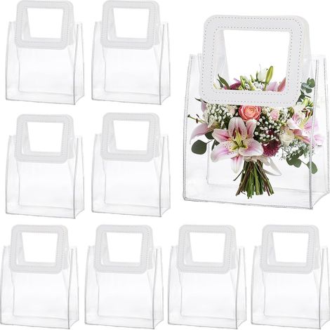 Lot de 10 petits sacs cadeaux en PVC transparent avec poignées blanches, réutilisables, pour mariage, invités, fêtes, cadeaux de Noël, fête prénatale (15 x 13 x 7 cm) (1/5)