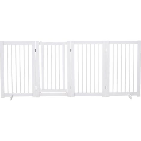 Barrière de protection chien autoportante pieds stabilisateurs 220x91 cm 4 panneaux bois escalier porte cuisine vestibule blanc (1/4)