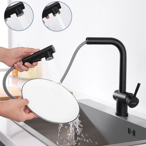 High pressure pull-out kitchen faucet, black sink faucet with 2 spout functions, single lever kitchen faucet can be rotated through 360°, kitchen mixer tap made of stainless steel (1/5)