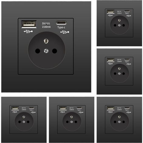 6er-Pack Wandsteckdosen mit USB und Typ-C, 5 V 2,1 A, Standard-EU-Einbausteckdose mit USB-Anschluss, französische Steckdosenleiste, 110–250 V (schwarz)