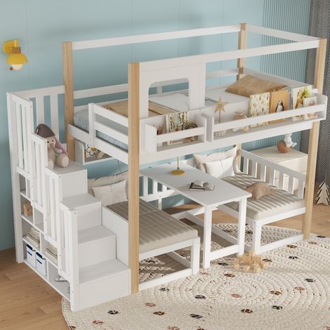 Lit mezzanine enfant avec bureau rangement étagère pin MDF 90x200 (1/5)