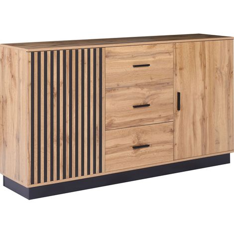 Credenza moderna a 2 ante con 3 cassetti in MDF con finitura melaminica per soggiorno, colore marrone Manaia