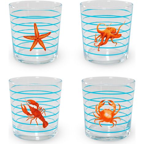 WD LifeStyle Set 4 Bicchieri in Vetro 300 Ml Decoro Mare con Righe Azzurre