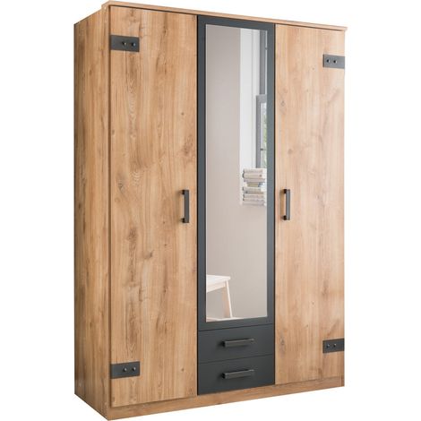 Pegane – Armoire penderie 2 portes miroir – Imitation chêne poutre/graphite – Longueur 135 cm x Hauteur 199 cm x Profondeur 58 cm – Panneaux mélaminés (1/3)
