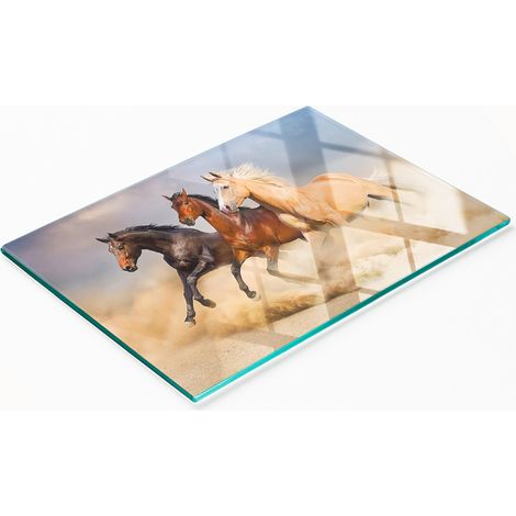 Planche à découper et à servir décorative en verre, motif chevaux au galop, 80 x 52 cm (1/5)